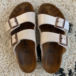 Pearl Birkenstocks with Cooper buckles!